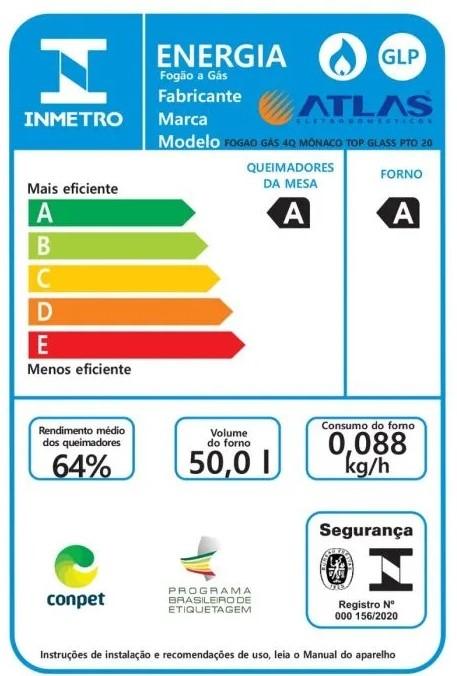 Imagem 3 do produto Fogão a Gás 4 Bocas Atlas Mônaco Top Glass Preto