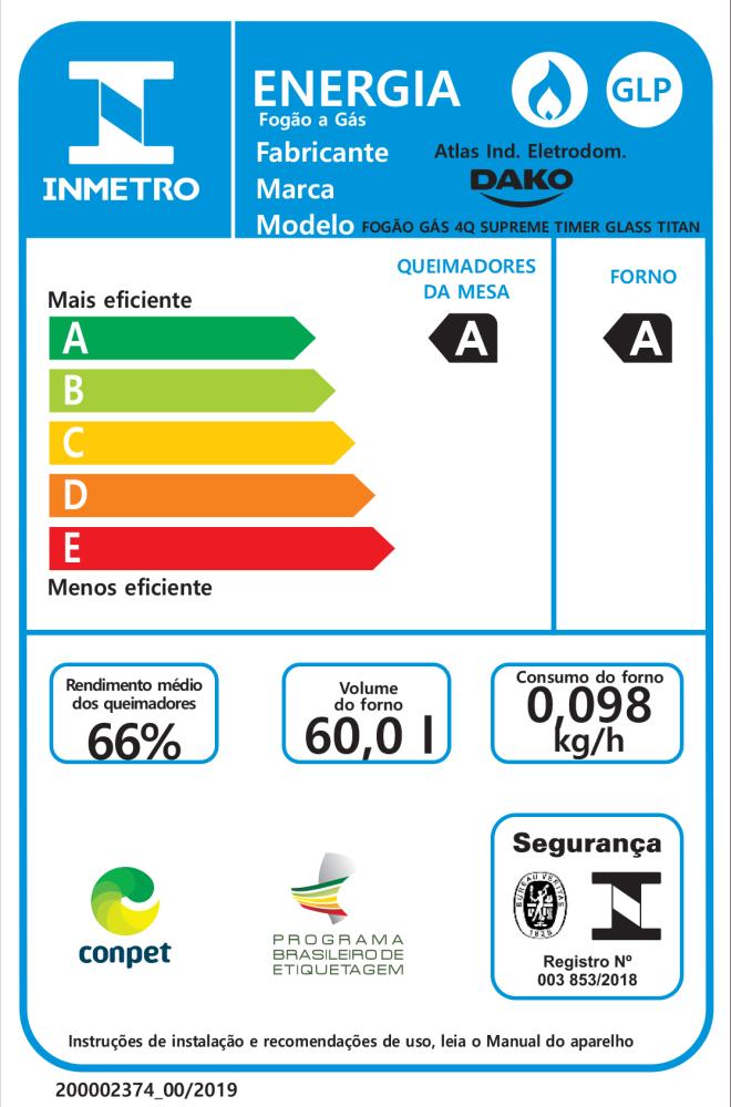 Imagem 4 do produto Fogão a Gás 4 Bocas Dako Supreme Timer Glass Titanium