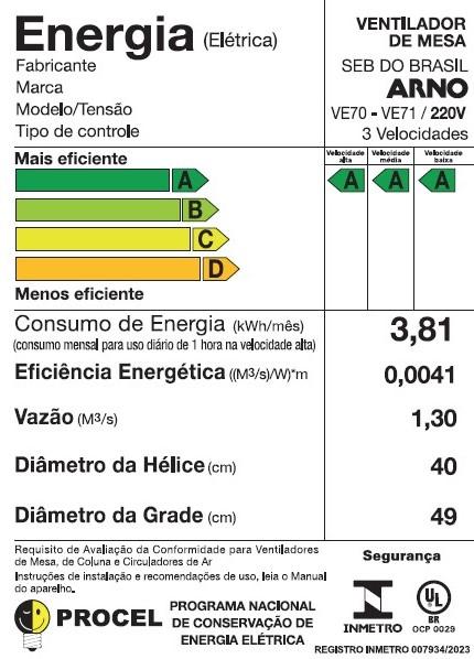 Última imagem em  miniatura do produto Ventilador de Mesa Arno 40cm X-treme 7 VE70 150W Preto 220V