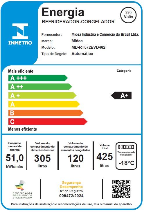 Imagem 3 do produto Geladeira Midea 425 Litros 2 Portas Frost Free MDRT572 Inox 220V